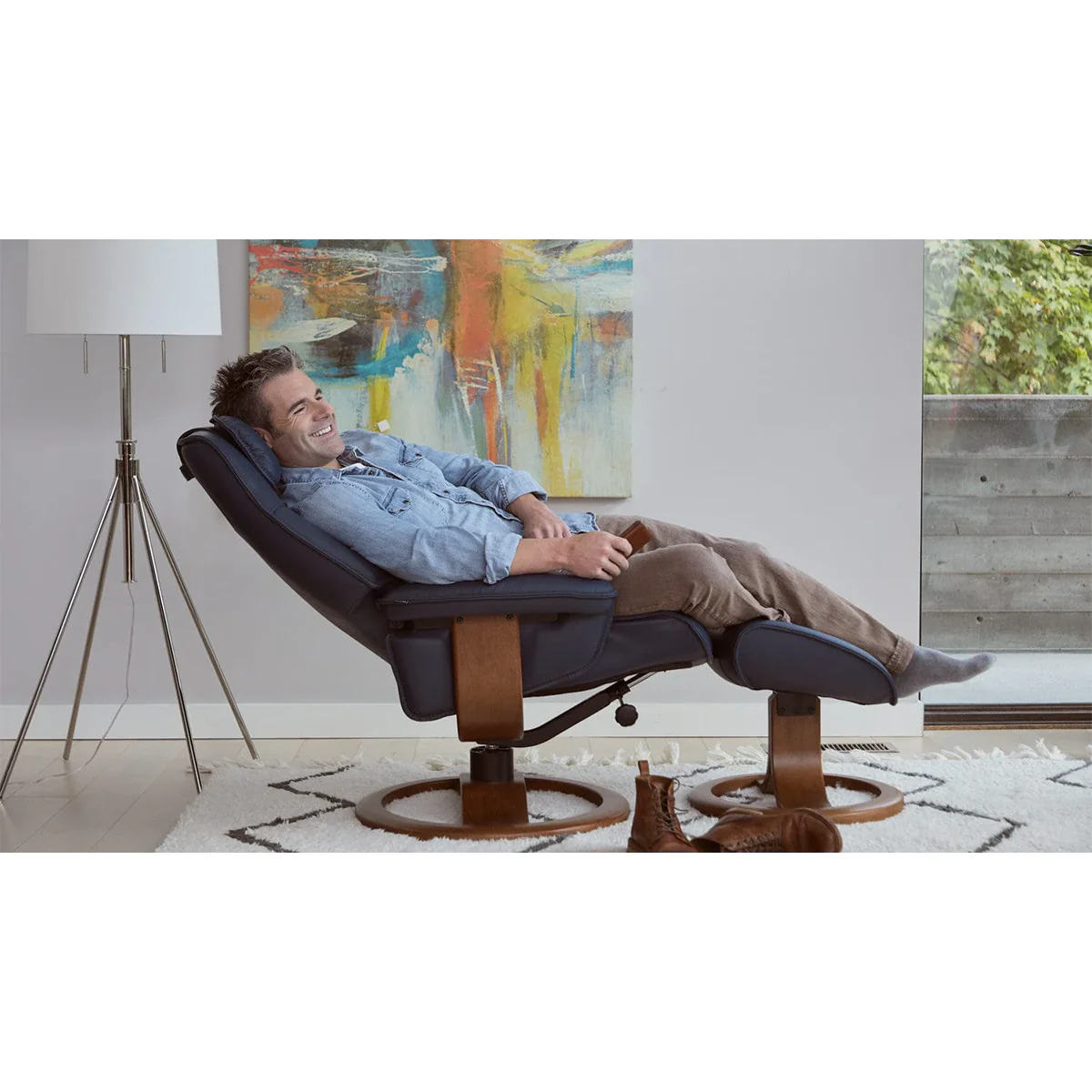 Admiral R Manual Recliner with Foot Stool Soft Leather: Sl 291 Blue Beech Wood Walnut (Small) by Fjords - Image 2